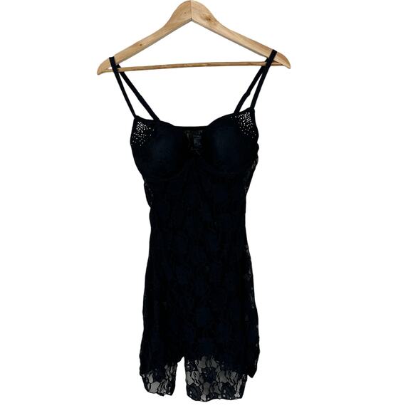 Smart & Sexy Sleepwear Womens 36C Black Lace Chemise Rhinestone Lingerie Glam - Picture 1 of 6